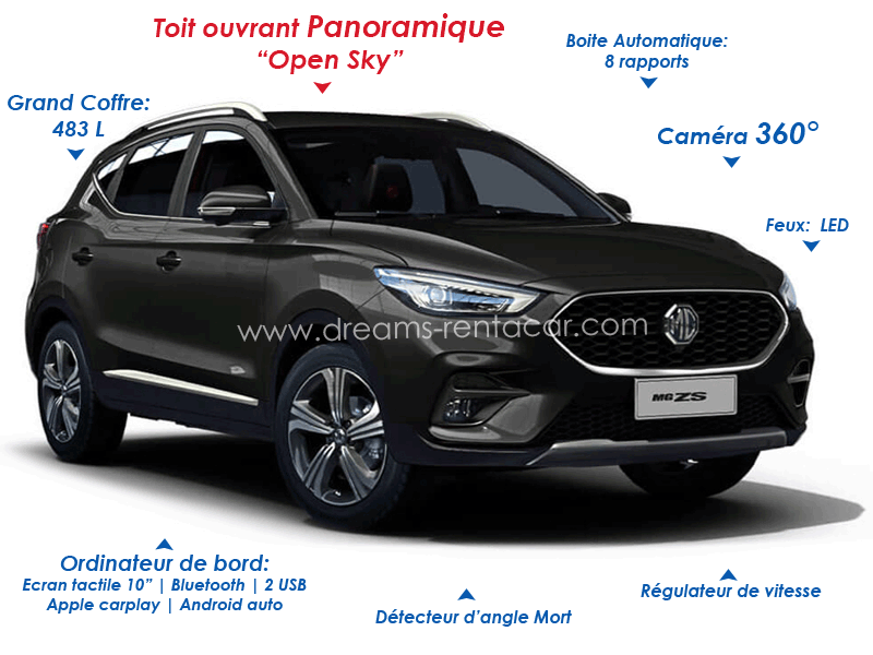 Promotion location de voiture à l’aéroport Tunis Carthage (TUN) et en Tunisie: Mg Zs trophy bva SUV AUTOMATIQUE à.p de 88.9 €/Jr